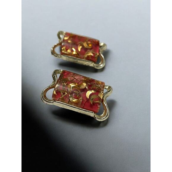 Vintage 50s PAM Pink Lucite Gold Crescent Moon Lucite Clip On Earrings Rectangle - Picture 4 of 6